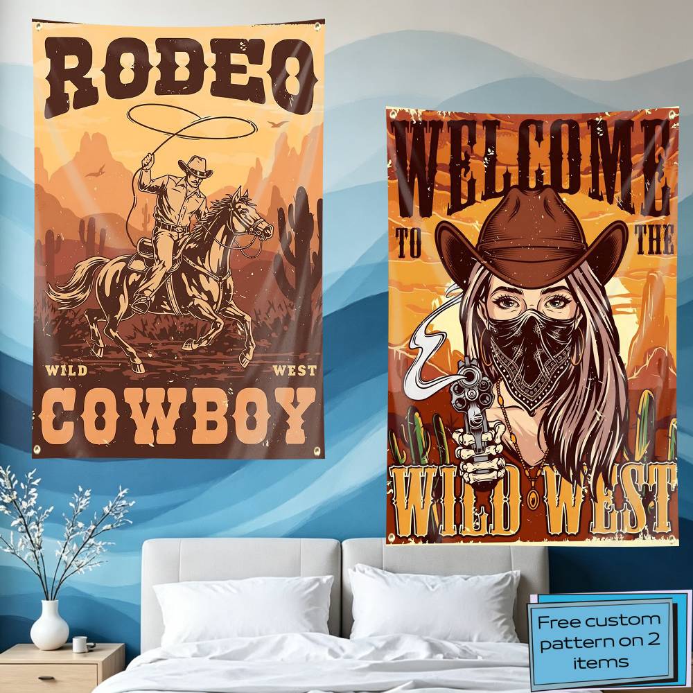 Outdoor Camping In Texas - Retro gobelin z flagą kowbojską w